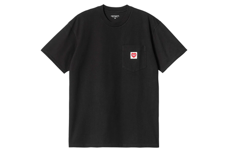 Black t-shirt with a small red and white logo on a white background