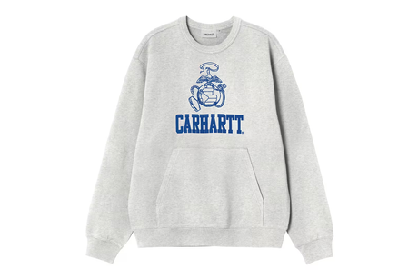 Gray sweatshirt with blue Carhartt logo on a white background