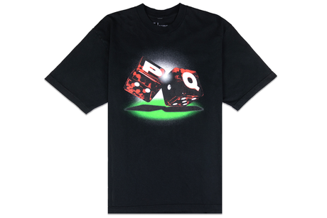 Black t-shirt with a graphic of two dice on a white background