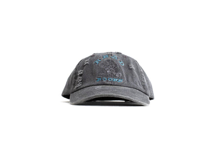 Gray cap with text and graphics on a white background