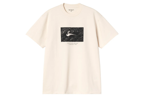 Beige t-shirt with graphic design on a white background