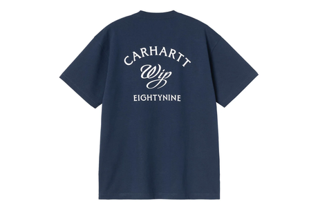 Navy blue t-shirt with Carhartt logo on the back against a white background
