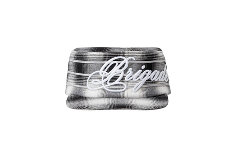 Black and white patterned headband with 'Brigade' text on a white background