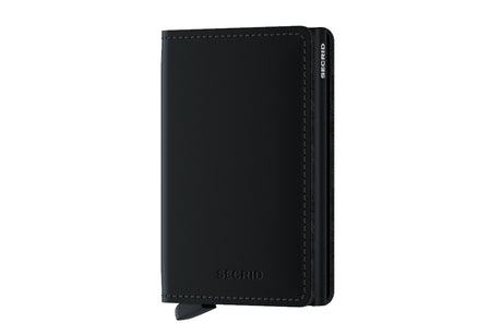 A black leather Secrid Mini wallet shown closed from the front on a plain white background.