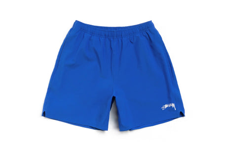 Blue shorts with a white logo on a white background