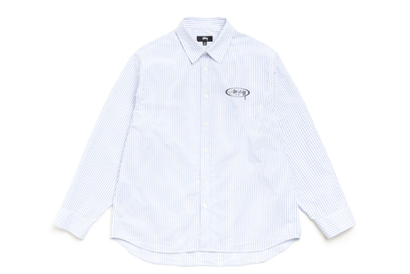 White and blue striped shirt with a small logo on a white background