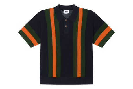 Navy polo shirt with green and orange stripes on a white background