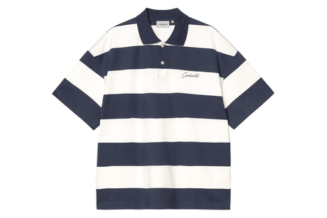 Navy and white striped long-sleeve shirt on a white background