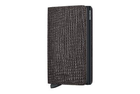 A dark brown textured leather wallet with a crocodile pattern, featuring a black side frame and the brand name 'SECURITY' printed vertically on the edge.