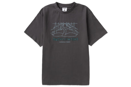 A dark charcoal gray short-sleeve t-shirt with a light blue graphic on the chest depicting a bridge over water and the text 'SCARFWORKS' and 'A remembrance of games'.