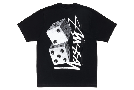 Black t-shirt with white dice design and text on a white background