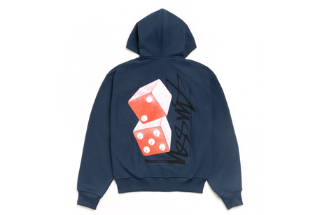 Navy blue hoodie with red dice design and black text on the back against a white background