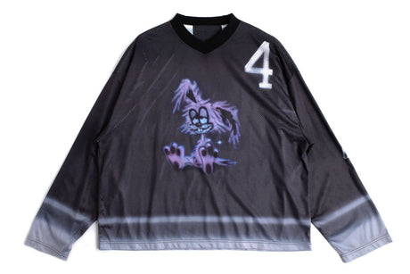 Black sports jersey with a purple graphic design and number 4 on a white background