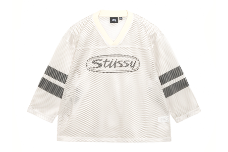 White sports jersey with black stripes and Stussy logo on a white background
