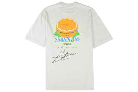 White t-shirt with orange graphic and text on a white background