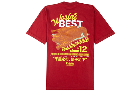 Red t-shirt with graphic design and text on a white background