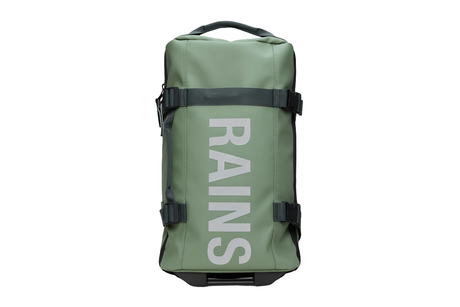 Green duffel bag with 'RAINS' branding on a white background