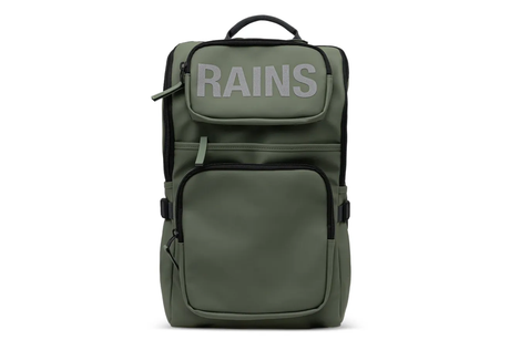 Green backpack with 'RAINS' branding on a white background