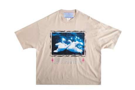 Beige t-shirt with graphic design on a white background