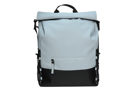 Light blue backpack with black accents on a white background