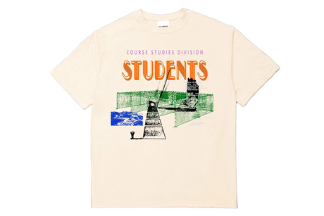 Beige t-shirt with graphic design and text on a white background