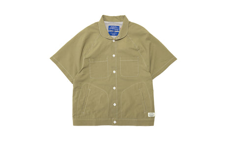 Khaki shirt with button details on a white background