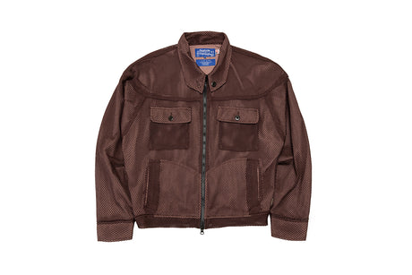 Brown jacket with a brand label on a white background