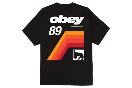 A black short-sleeve t-shirt with a large graphic on the back. The graphic features the white 'obey' logo and 'WORLDWIDE' text, the number '89' in white, a retro orange and yellow gradient chevron, and a small white square with a black bear head logo.