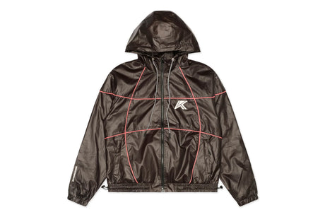 A dark brown shiny windbreaker jacket with red contrast stitching and a white stylized 'K' logo on the left chest, displayed flat against a white background.