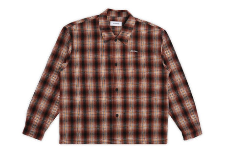 A long-sleeve button-up plaid shirt in brown, black, and beige, laid flat against a white background.