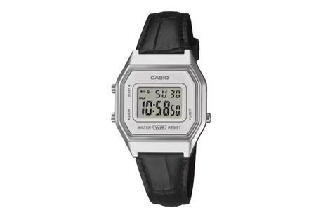 Digital watch with black strap and silver case on a white background