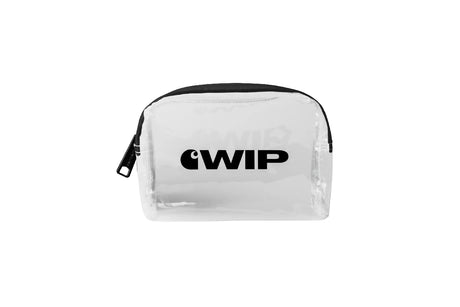 A clear plastic cosmetic pouch with a black zipper and a black printed 'GWP' logo on the front, shown against a plain white background.