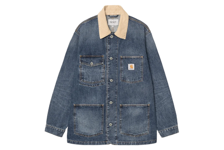 Blue denim jacket with beige collar on a white background