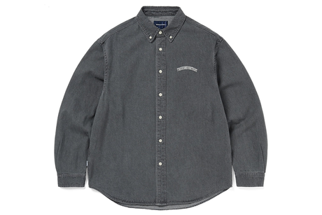 Gray button-up shirt with a logo on a white background