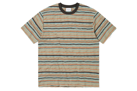 Striped t-shirt with a logo on a white background