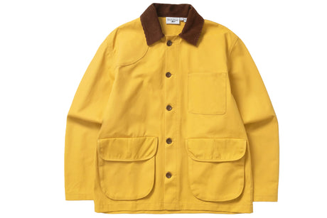 A yellow utility jacket with a brown corduroy collar, featuring a button-up front, a chest pocket, and two large flap pockets on the lower front, shown against a plain white background.
