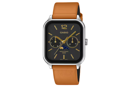 Casio watch with brown leather strap on a white background