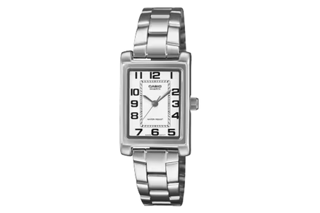 Silver wristwatch with a white face on a white background