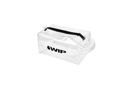 A clear plastic zippered pouch with a black handle and a black 'iWIP' logo printed on the front, shown on a solid white background.