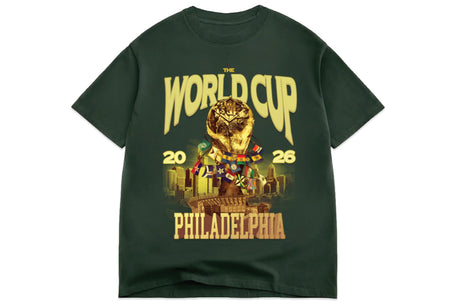 Green t-shirt with World Cup Philadelphia graphic on a white background