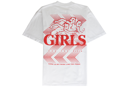 White t-shirt with red graphic design and 'GIRLS' text on a white background