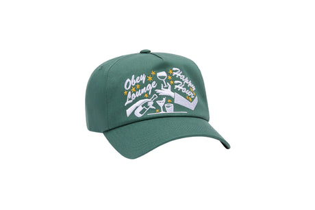 A dark green baseball cap with white embroidered text reading 'Obey Lounge' and 'Happy Hour' alongside cocktail illustrations and yellow stars, shown on a plain white background.