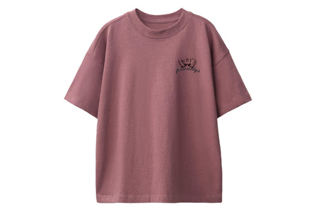 A dusty rose pink short-sleeve t-shirt with a small black graphic on the left chest, displayed against a solid white background.