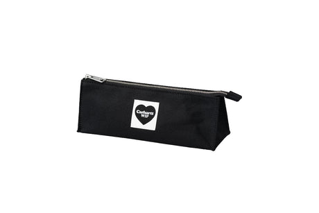 A black canvas zippered pencil case with a white square patch on the front featuring a black heart and the text 'Cafecito 100%'.