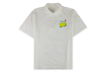 White polo shirt with a small logo on a white background