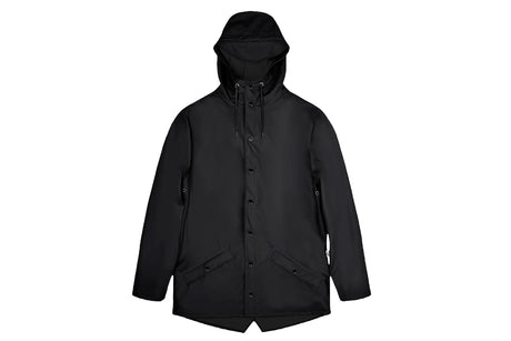 A black hooded jacket with a buttoned front and flap pockets, displayed on a clean white background.