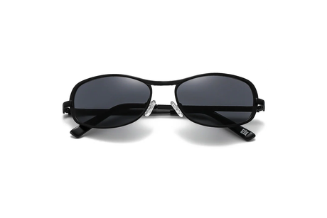 Black sunglasses with a reflective surface on a white background