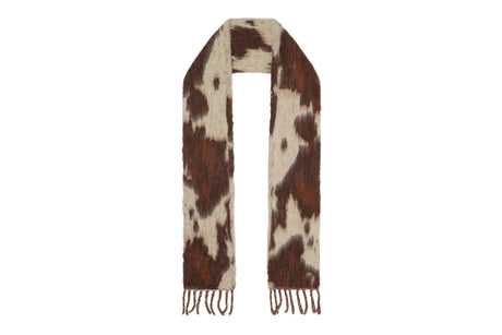 A long scarf with a brown and cream cow-print pattern and fringed ends, displayed flat against a solid white background.