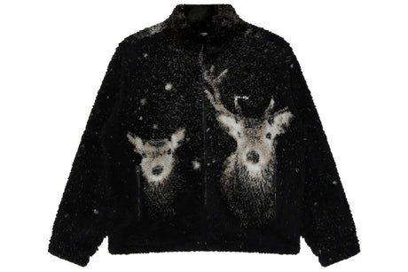 A black sherpa zip-up jacket featuring a textured, glittery white and gray print of two deer heads with snowflake details, shown against a plain white background.