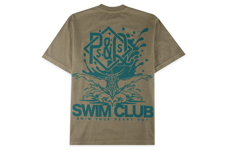 Khaki t-shirt with teal graphic design on a white background